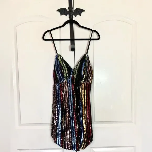 Fashion Nova Black and Green Sequin striped Dress adjustable straps NWT size L - Picture 6 of 16